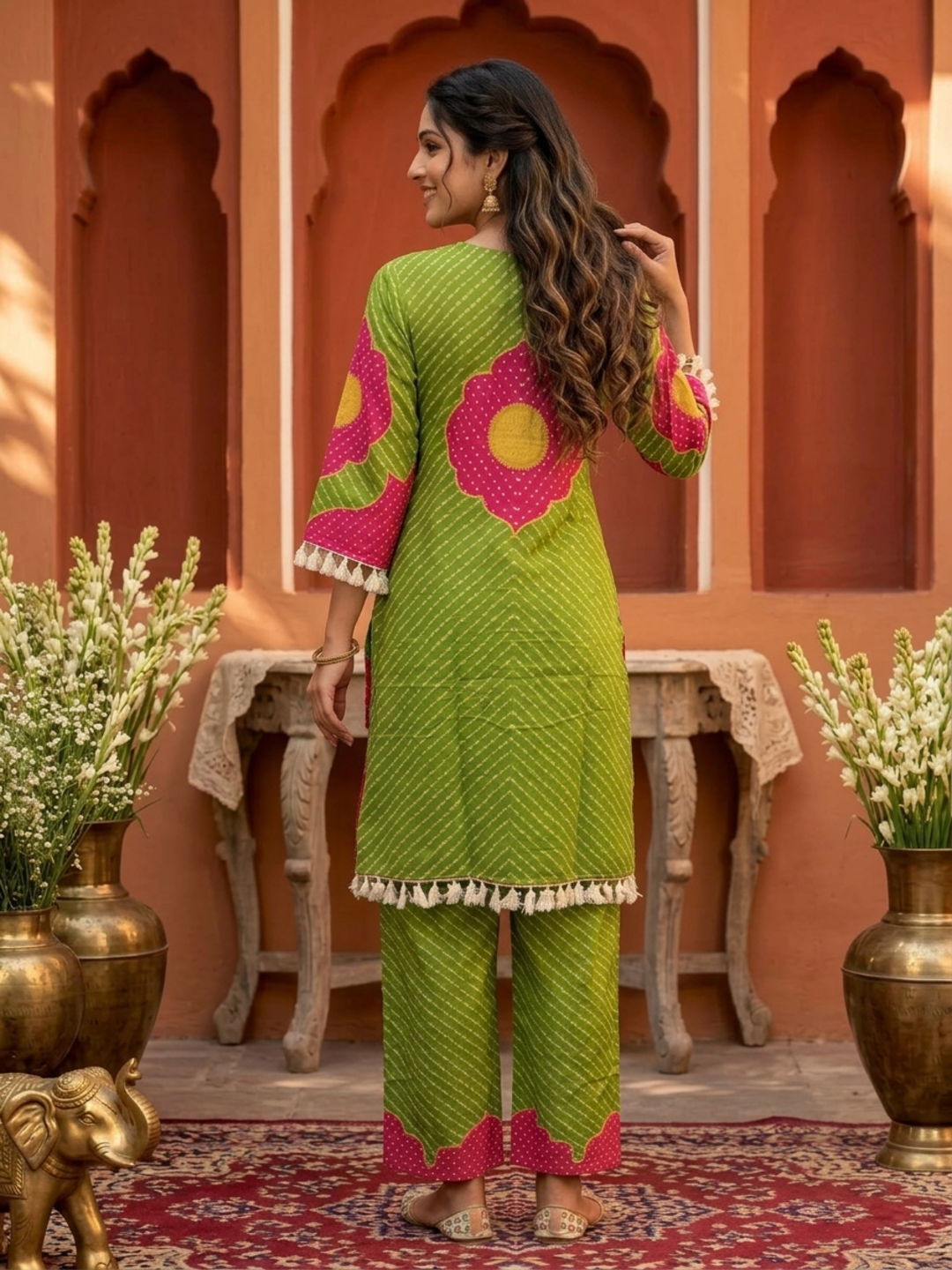 Lime Green Leheriya Printed Cotton Straight Kurta Set with Mirror Work, Palazzo & Crochet Lace Dupatta