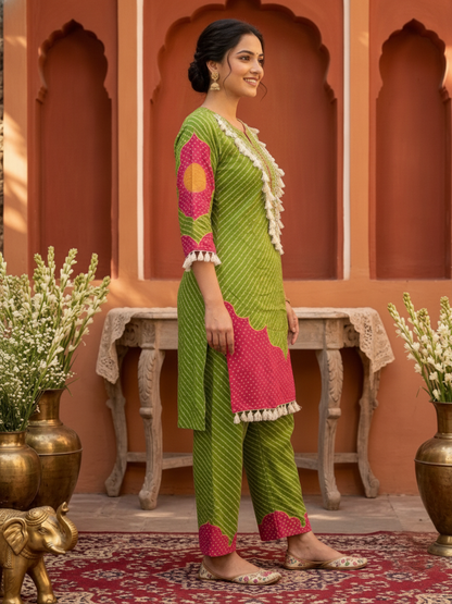 Lime Green Leheriya Printed Cotton Straight Kurta Set with Mirror Work, Palazzo & Crochet Lace Dupatta