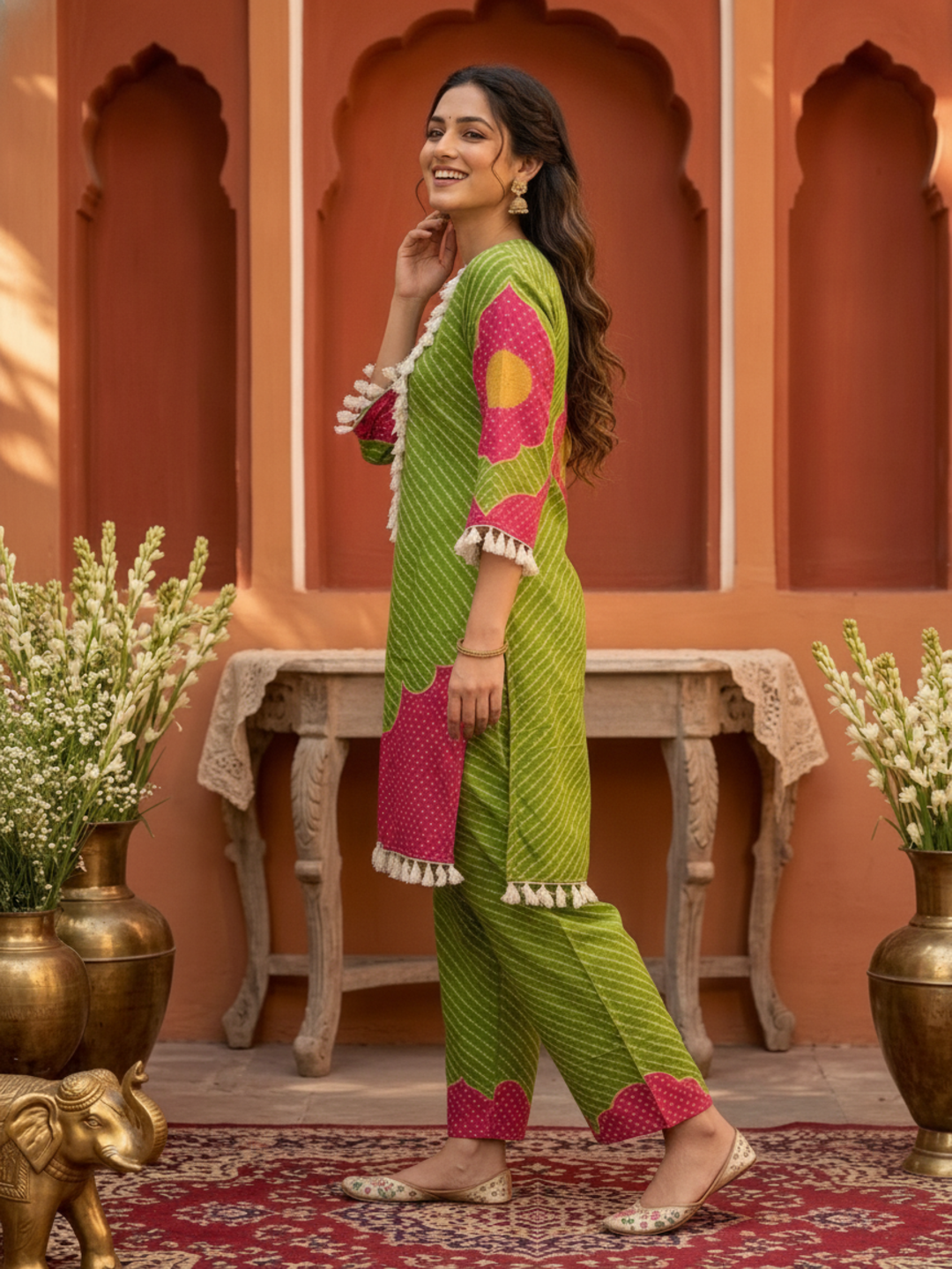 Lime Green Leheriya Printed Cotton Straight Kurta Set with Mirror Work, Palazzo & Crochet Lace Dupatta