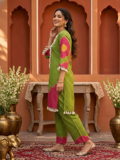 Lime Green Leheriya Printed Cotton Straight Kurta Set with Mirror Work, Palazzo & Crochet Lace Dupatta