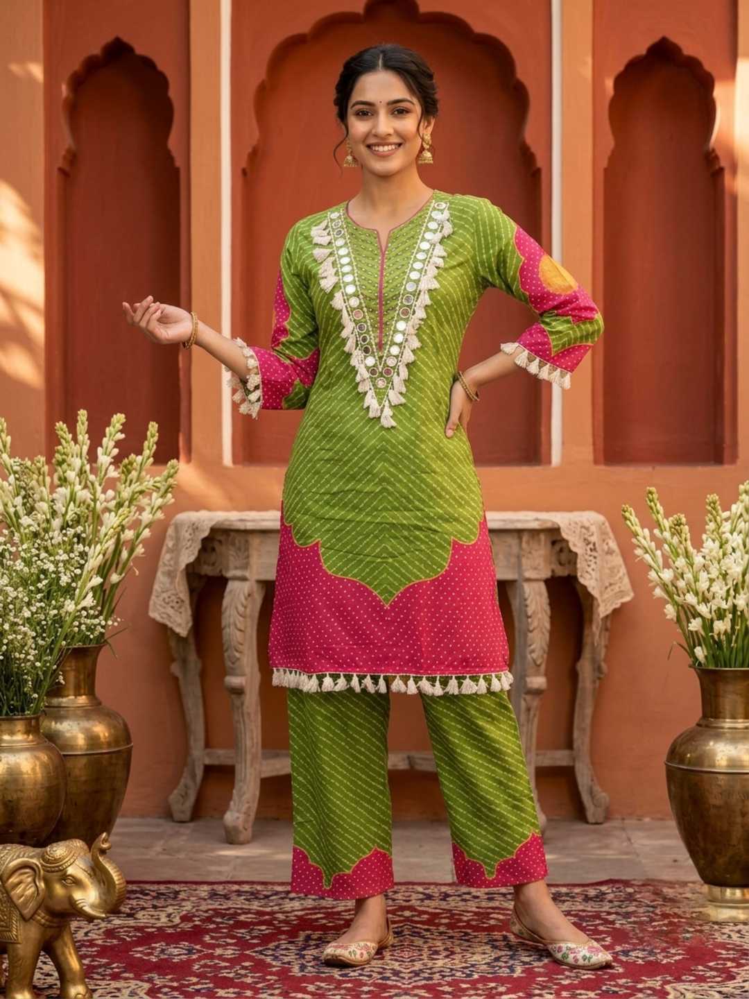 Lime Green Leheriya Printed Cotton Straight Kurta Set with Mirror Work, Palazzo & Crochet Lace Dupatta