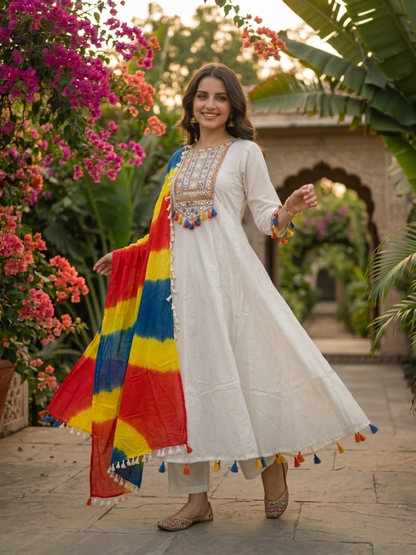White Embroidered Cotton Blend Anarkali Kurta Set with Tassel Detailing, Round Neck, Straight Pants & Multicolour Printed Cotton Blend Tassel Dupatta