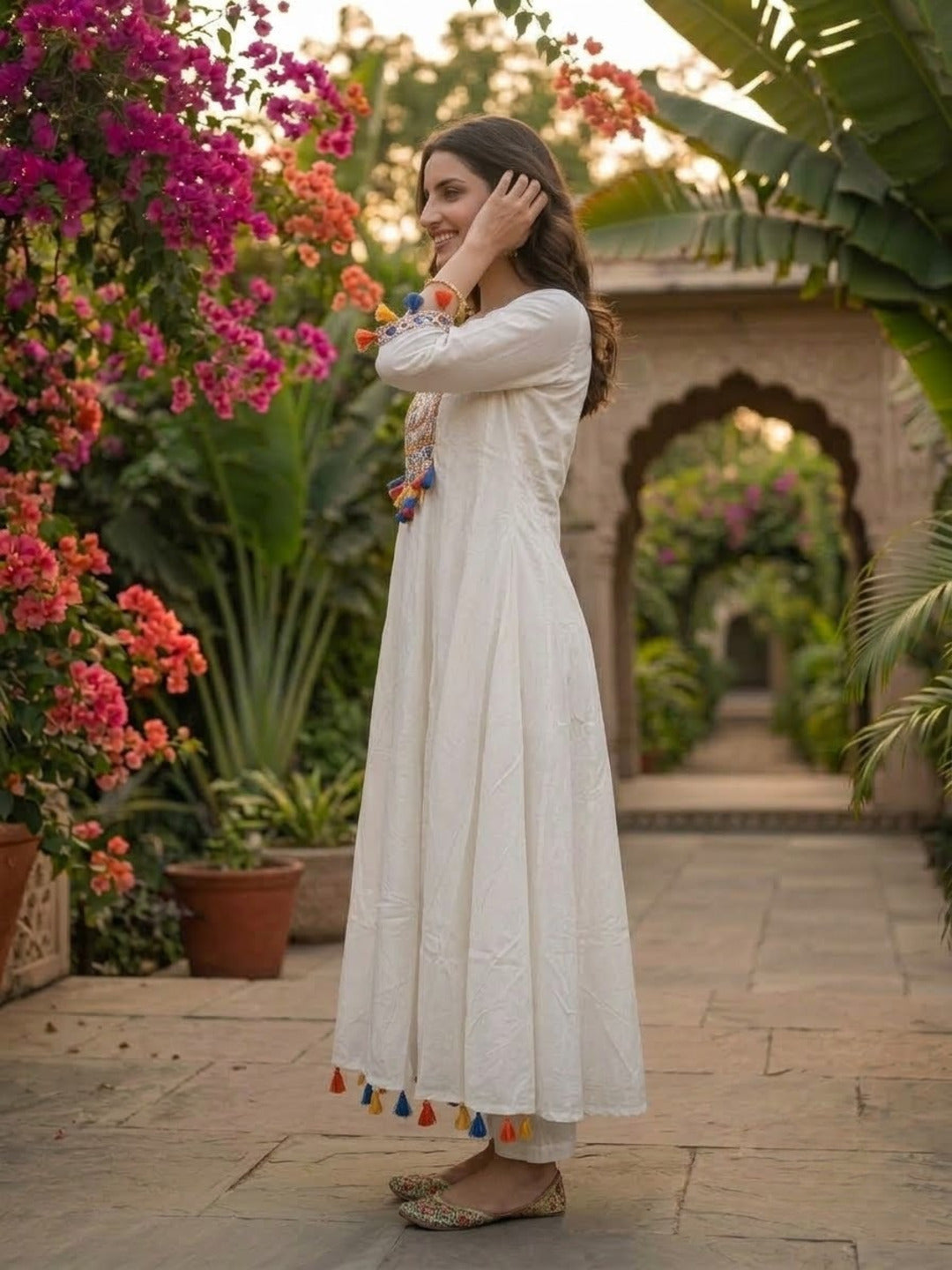 White Embroidered Cotton Blend Anarkali Kurta Set with Tassel Detailing, Round Neck, Straight Pants & Multicolour Printed Cotton Blend Tassel Dupatta