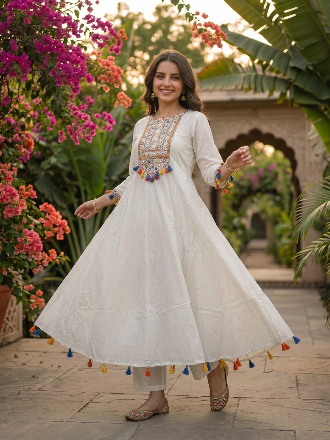 White Embroidered Cotton Blend Anarkali Kurta Set with Tassel Detailing, Round Neck, Straight Pants & Multicolour Printed Cotton Blend Tassel Dupatta