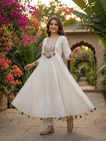 White Embroidered Cotton Blend Anarkali Kurta Set with Tassel Detailing, Round Neck, Straight Pants & Multicolour Printed Cotton Blend Tassel Dupatta