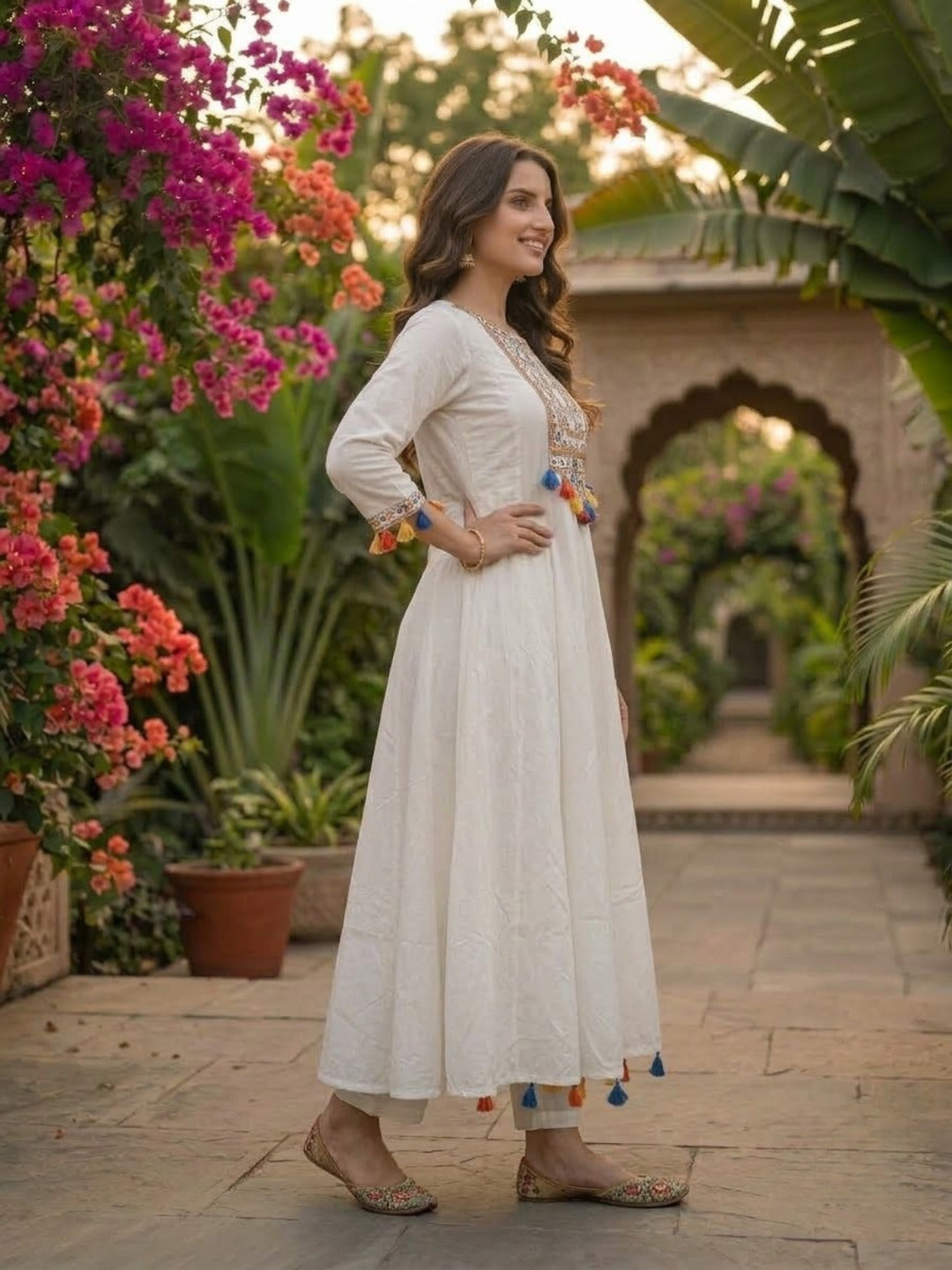 White Embroidered Cotton Blend Anarkali Kurta Set with Tassel Detailing, Round Neck, Straight Pants & Multicolour Printed Cotton Blend Tassel Dupatta