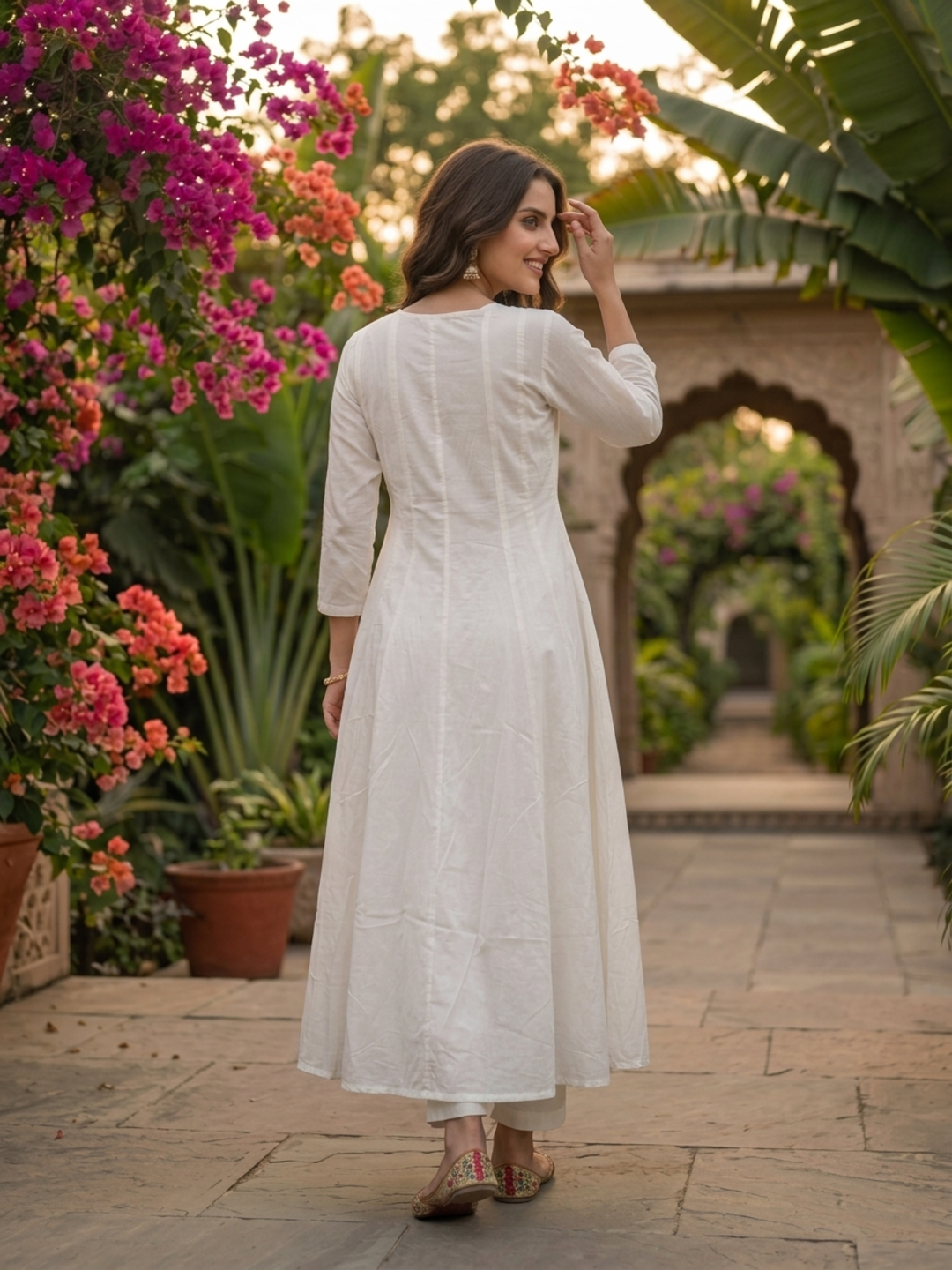 White Embroidered Cotton Blend Anarkali Kurta Set with Tassel Detailing, Round Neck, Straight Pants & Multicolour Printed Cotton Blend Tassel Dupatta
