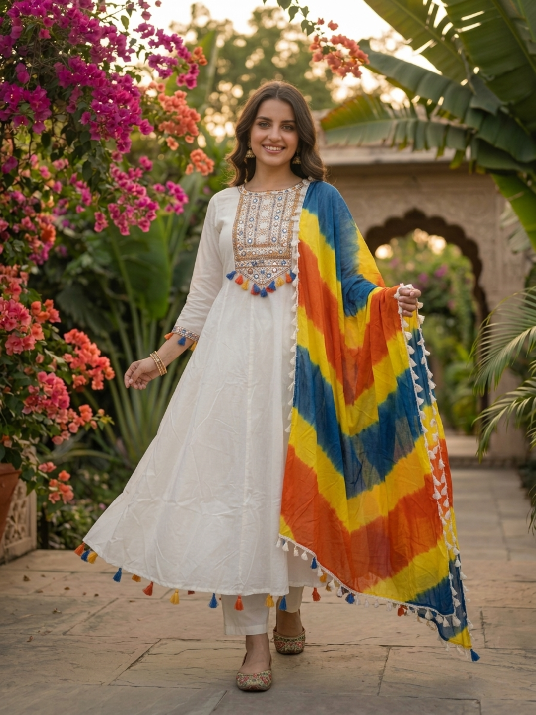 White Embroidered Cotton Blend Anarkali Kurta Set with Tassel Detailing, Round Neck, Straight Pants & Multicolour Printed Cotton Blend Tassel Dupatta