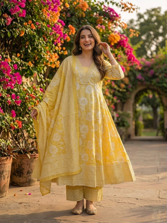 Yellow Floral Printed Cotton Anarkali Kurta Set with Embroidery, Pant & Printed Cotton Dupatta