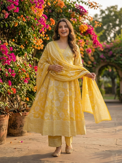 Yellow Floral Printed Cotton Anarkali Kurta Set with Embroidery, Pant & Printed Cotton Dupatta