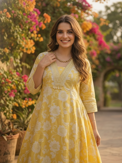 Yellow Floral Printed Cotton Anarkali Kurta Set with Embroidery, Pant & Printed Cotton Dupatta