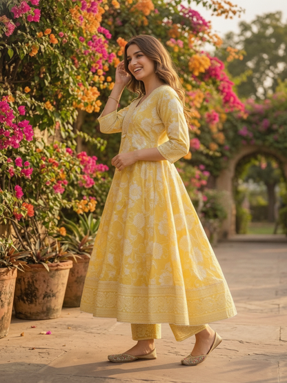 Yellow Floral Printed Cotton Anarkali Kurta Set with Embroidery, Pant & Printed Cotton Dupatta