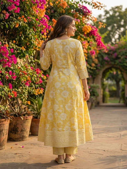 Yellow Floral Printed Cotton Anarkali Kurta Set with Embroidery, Pant & Printed Cotton Dupatta