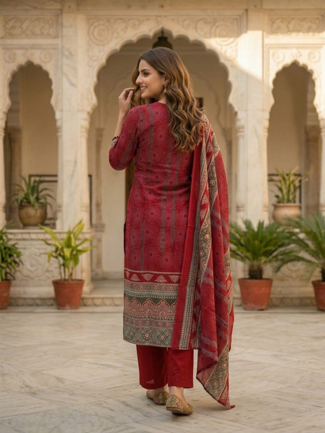Maroon Floral Printed Cotton Straight Kurta Set with Embroidery, Sequin & Pearl Lace, Palazzo & Printed Cotton Dupatta