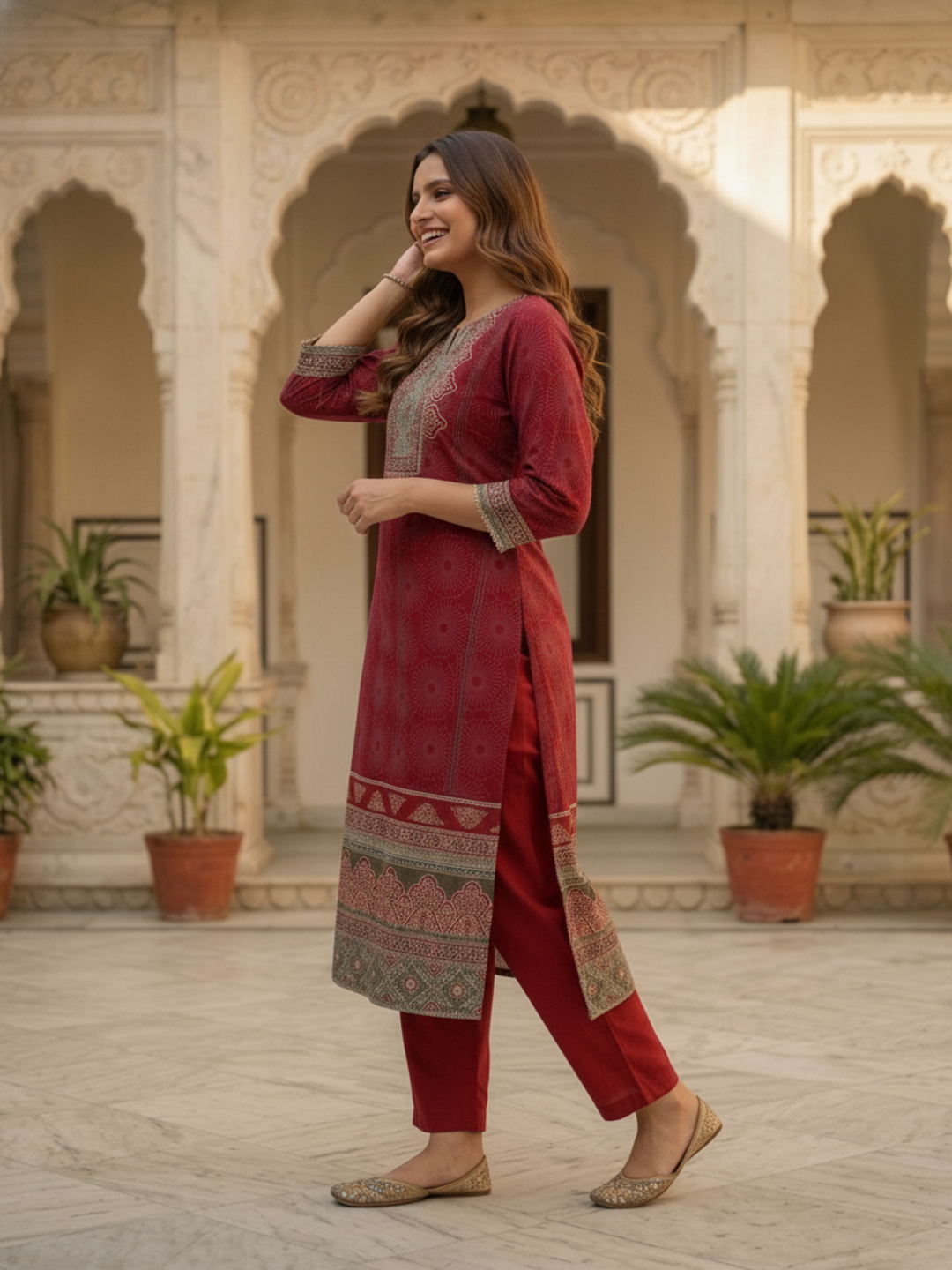 Maroon Floral Printed Cotton Straight Kurta Set with Embroidery, Sequin & Pearl Lace, Palazzo & Printed Cotton Dupatta