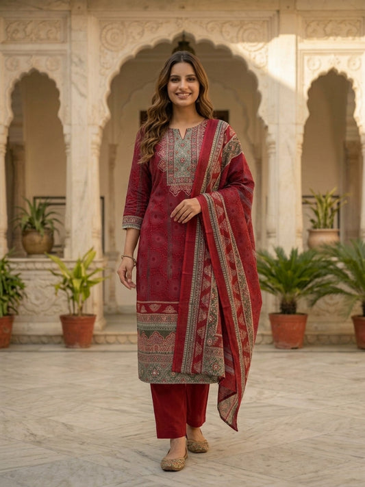 Maroon Floral Printed Cotton Straight Kurta Set with Embroidery, Sequin & Pearl Lace, Palazzo & Printed Cotton Dupatta