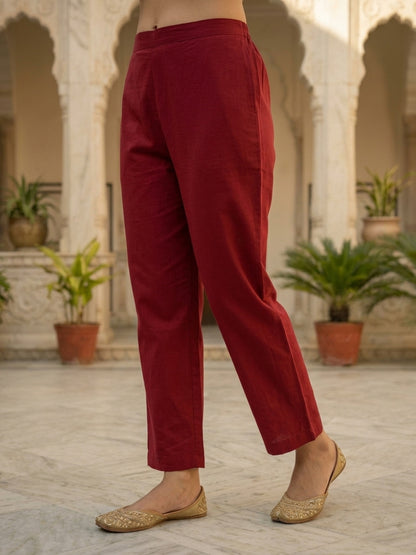 Maroon Floral Printed Cotton Straight Kurta Set with Embroidery, Sequin & Pearl Lace, Palazzo & Printed Cotton Dupatta