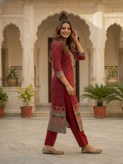 Maroon Floral Printed Cotton Straight Kurta Set with Embroidery, Sequin & Pearl Lace, Palazzo & Printed Cotton Dupatta