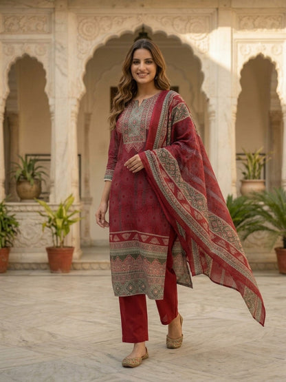 Maroon Floral Printed Cotton Straight Kurta Set with Embroidery, Sequin & Pearl Lace, Palazzo & Printed Cotton Dupatta