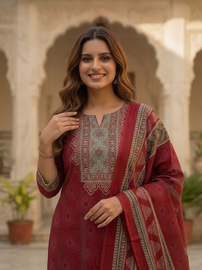 Maroon Floral Printed Cotton Straight Kurta Set with Embroidery, Sequin & Pearl Lace, Palazzo & Printed Cotton Dupatta
