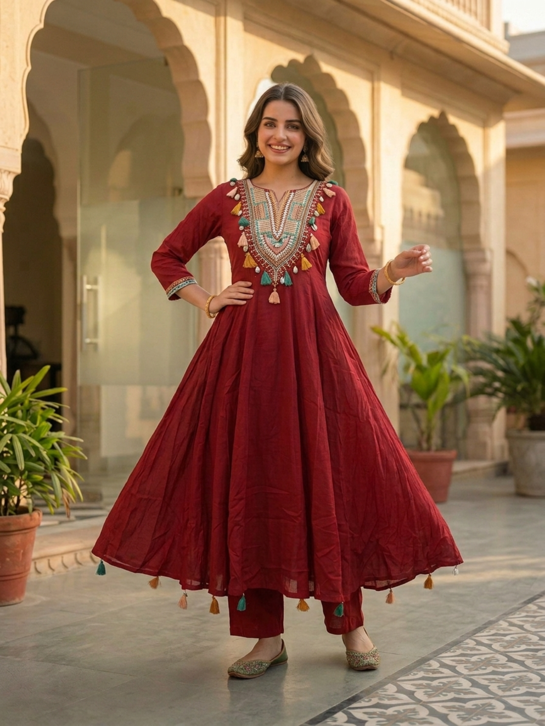Maroon Solid Cotton Anarkali Kurta Set with Mirror Work, Embroidery & Tassels, Palazzo & Solid Cotton Dupatta