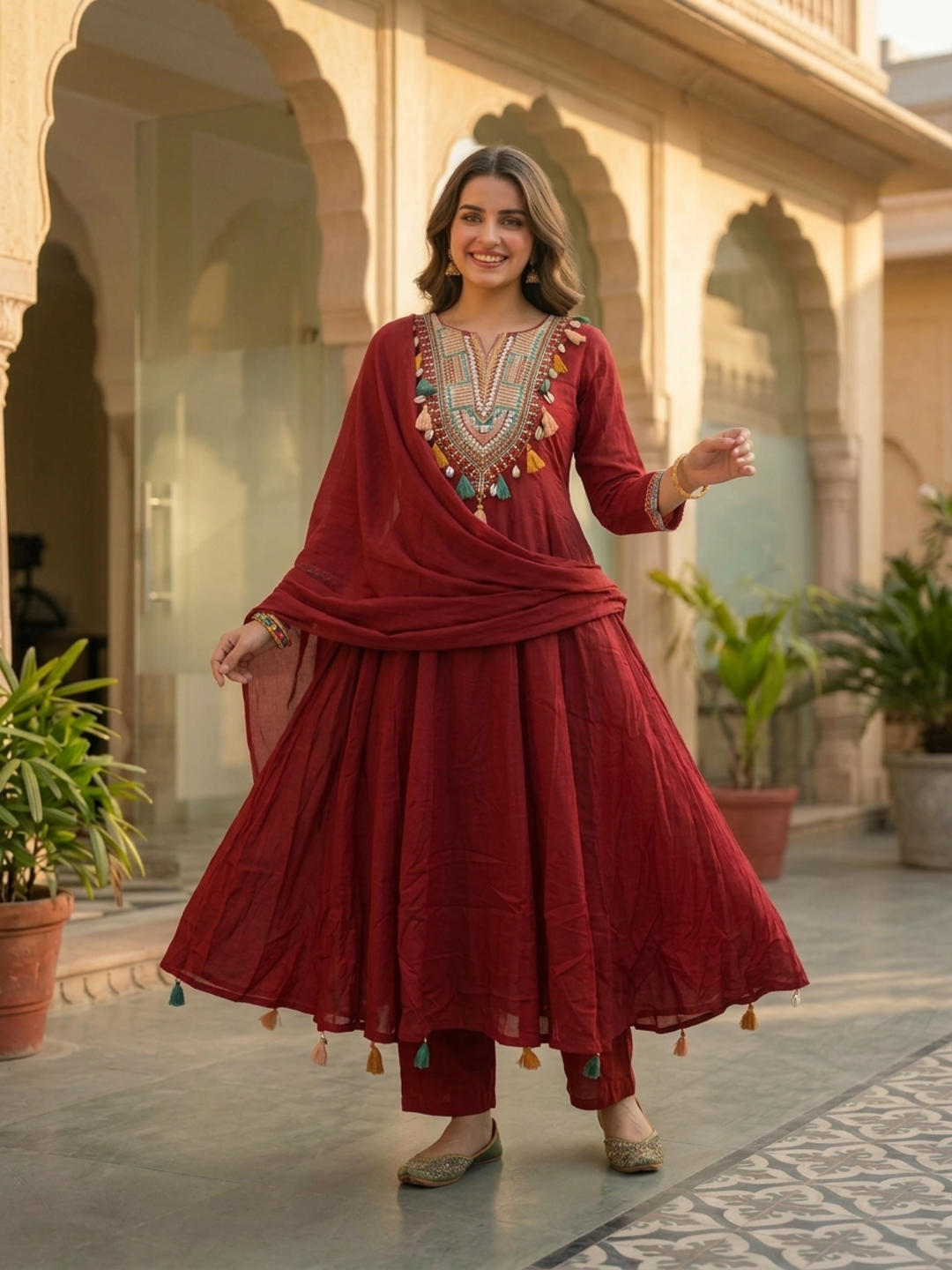 Maroon Solid Cotton Anarkali Kurta Set with Mirror Work, Embroidery & Tassels, Palazzo & Solid Cotton Dupatta