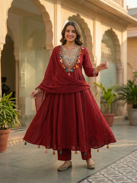 Maroon Solid Cotton Anarkali Kurta Set with Mirror Work, Embroidery & Tassels, Palazzo & Solid Cotton Dupatta