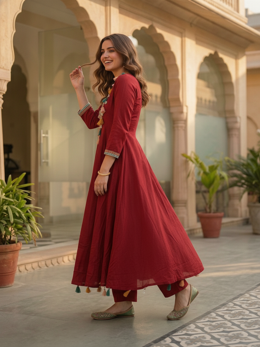 Maroon Solid Cotton Anarkali Kurta Set with Mirror Work, Embroidery & Tassels, Palazzo & Solid Cotton Dupatta