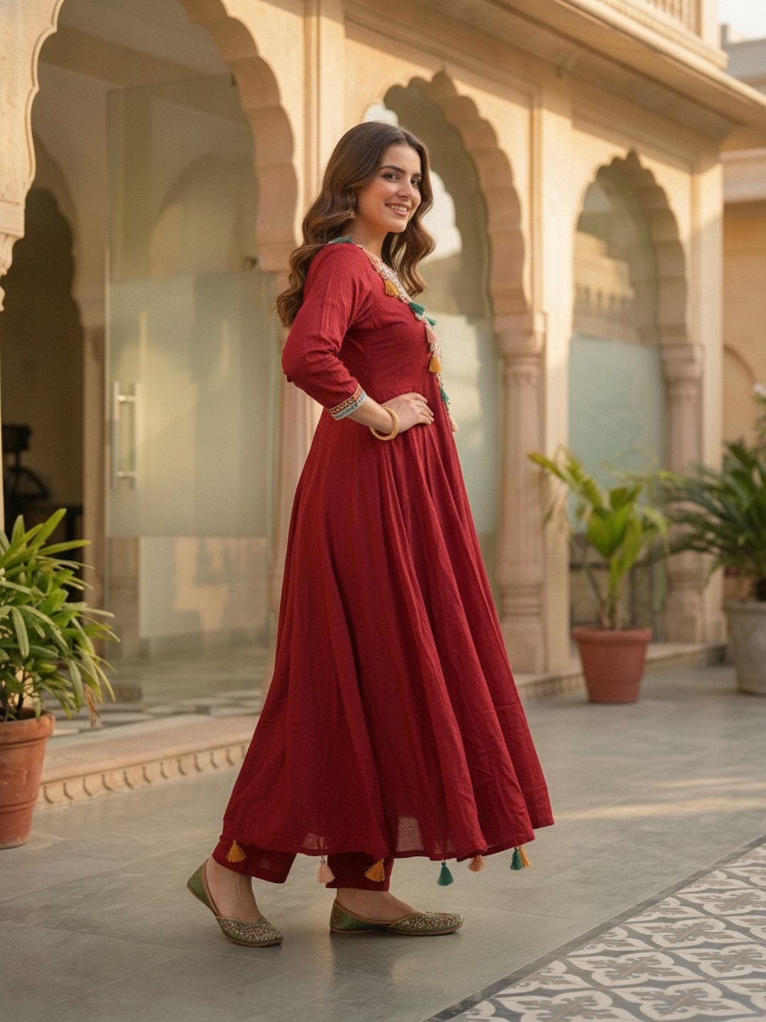 Maroon Solid Cotton Anarkali Kurta Set with Mirror Work, Embroidery & Tassels, Palazzo & Solid Cotton Dupatta