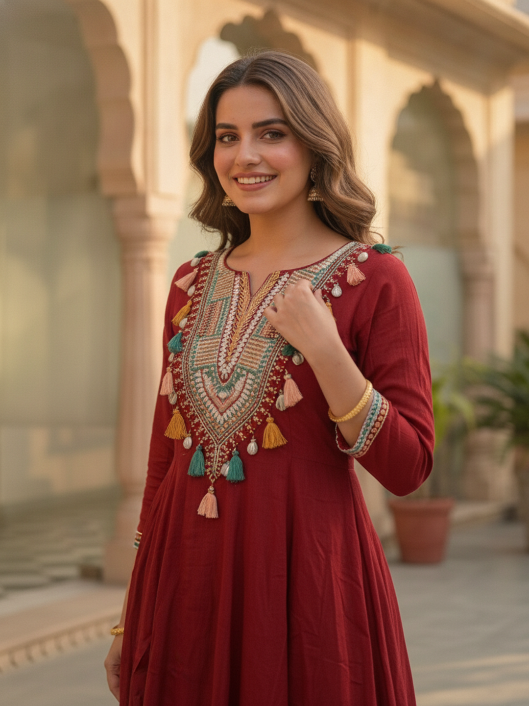 Maroon Solid Cotton Anarkali Kurta Set with Mirror Work, Embroidery & Tassels, Palazzo & Solid Cotton Dupatta