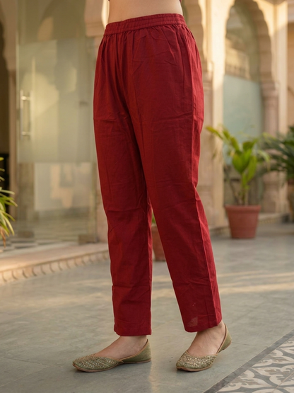 Maroon Solid Cotton Anarkali Kurta Set with Mirror Work, Embroidery & Tassels, Palazzo & Solid Cotton Dupatta