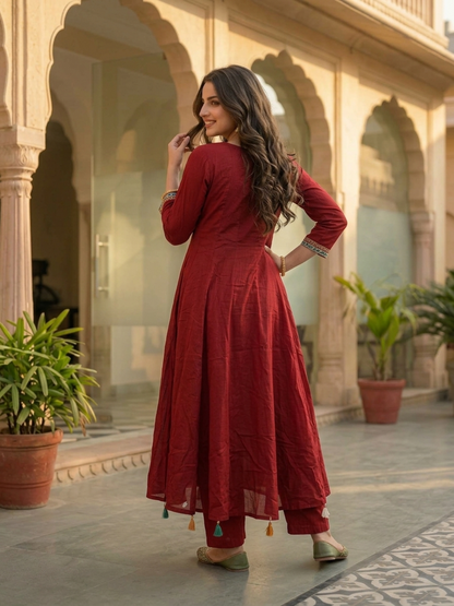 Maroon Solid Cotton Anarkali Kurta Set with Mirror Work, Embroidery & Tassels, Palazzo & Solid Cotton Dupatta
