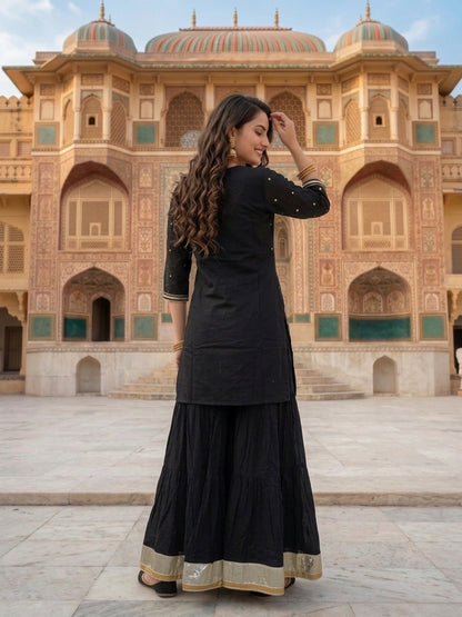Black Solid Cotton Straight Kurta Set with Gota Work, Sharara & Solid Taping Dupatta