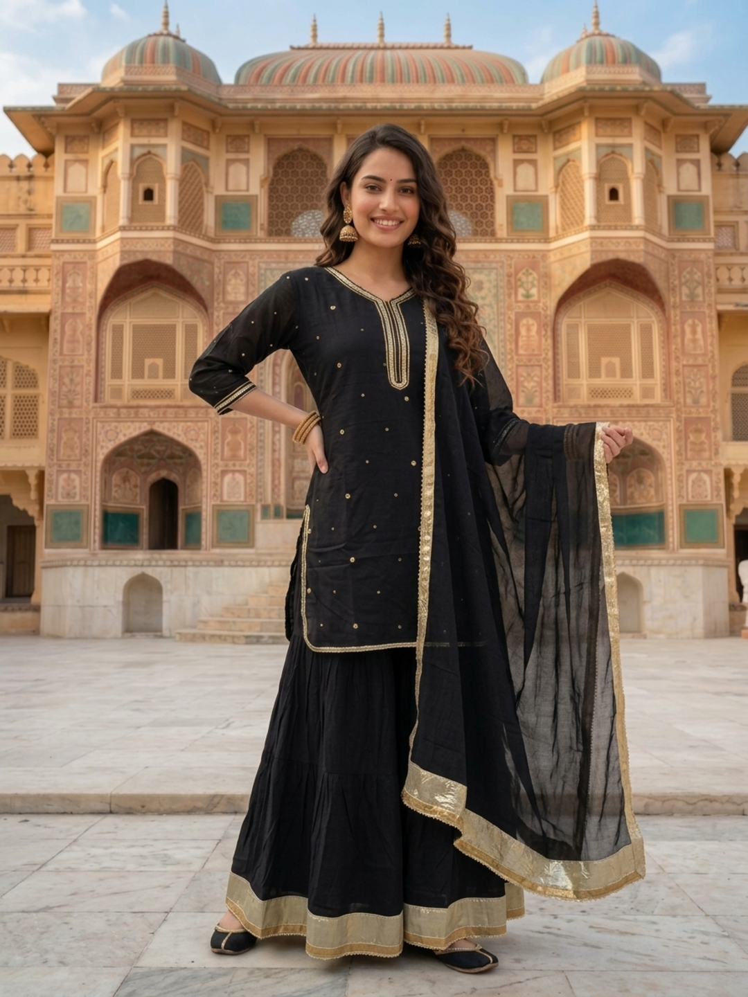 Black Solid Cotton Straight Kurta Set with Gota Work, Sharara & Solid Taping Dupatta