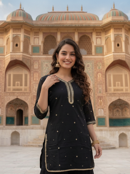 Black Solid Cotton Straight Kurta Set with Gota Work, Sharara & Solid Taping Dupatta