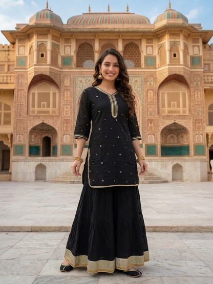 Black Solid Cotton Straight Kurta Set with Gota Work, Sharara & Solid Taping Dupatta