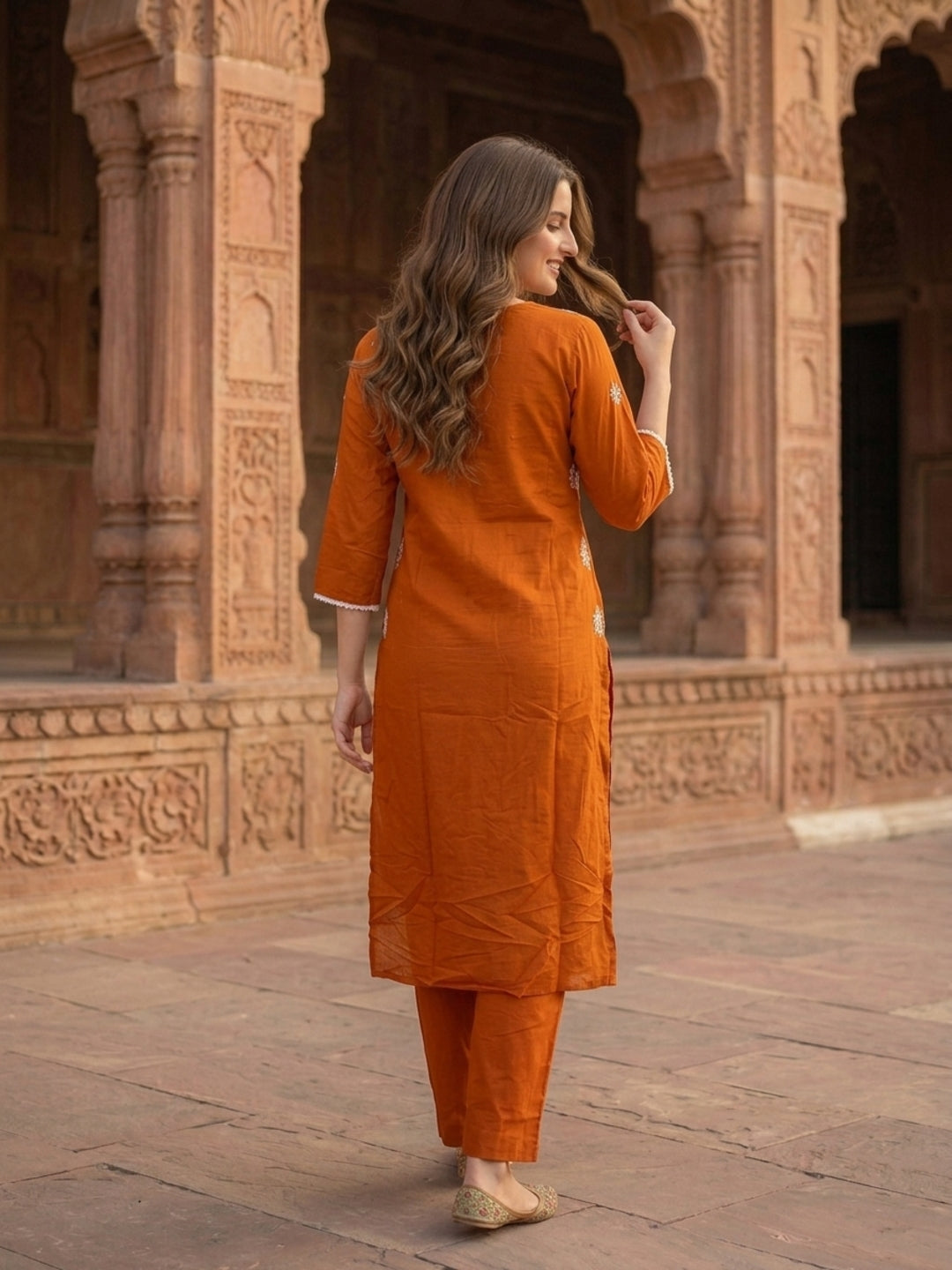 Orange Solid Cotton Straight Kurta Set with Chikankari Embroidery, Palazzo & Solid Taping Dupatta