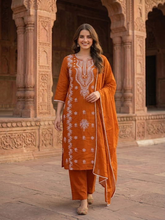 Orange Solid Cotton Straight Kurta Set with Chikankari Embroidery, Palazzo & Solid Taping Dupatta