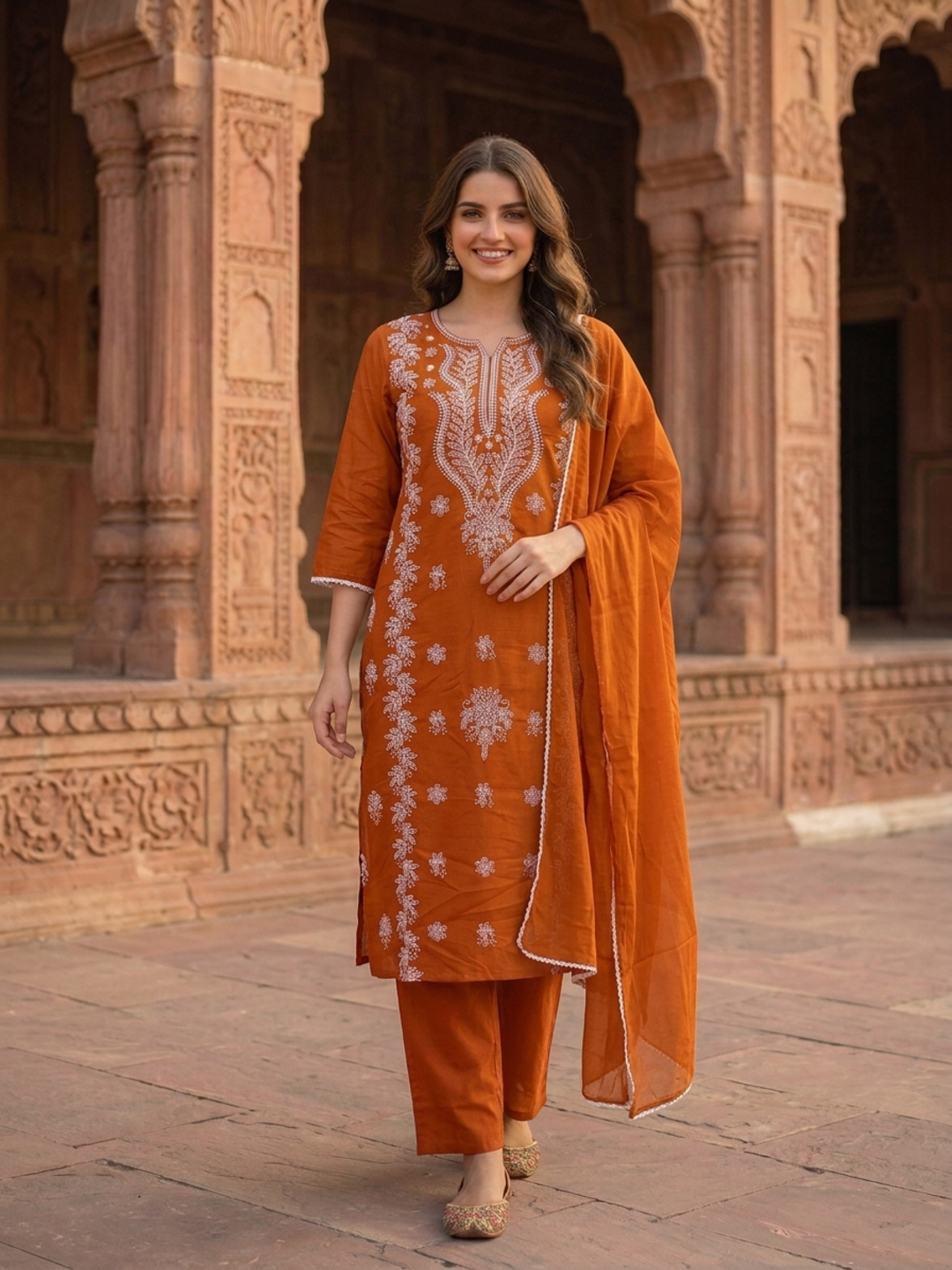 Orange Solid Cotton Straight Kurta Set with Chikankari Embroidery, Palazzo & Solid Taping Dupatta