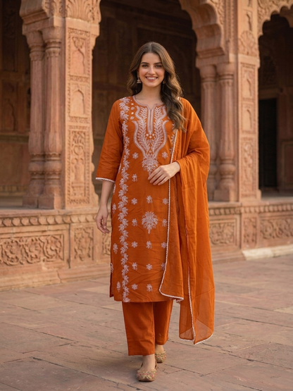 Orange Solid Cotton Straight Kurta Set with Chikankari Embroidery, Palazzo & Solid Taping Dupatta