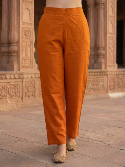 Orange Solid Cotton Straight Kurta Set with Chikankari Embroidery, Palazzo & Solid Taping Dupatta