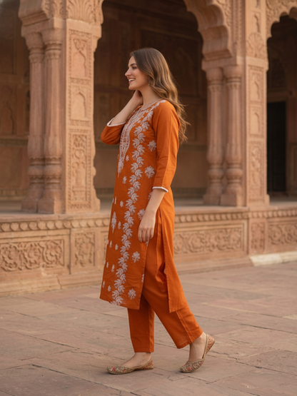 Orange Solid Cotton Straight Kurta Set with Chikankari Embroidery, Palazzo & Solid Taping Dupatta
