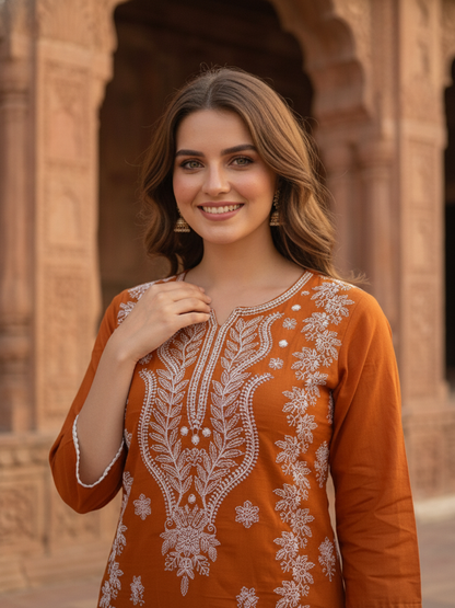 Orange Solid Cotton Straight Kurta Set with Chikankari Embroidery, Palazzo & Solid Taping Dupatta