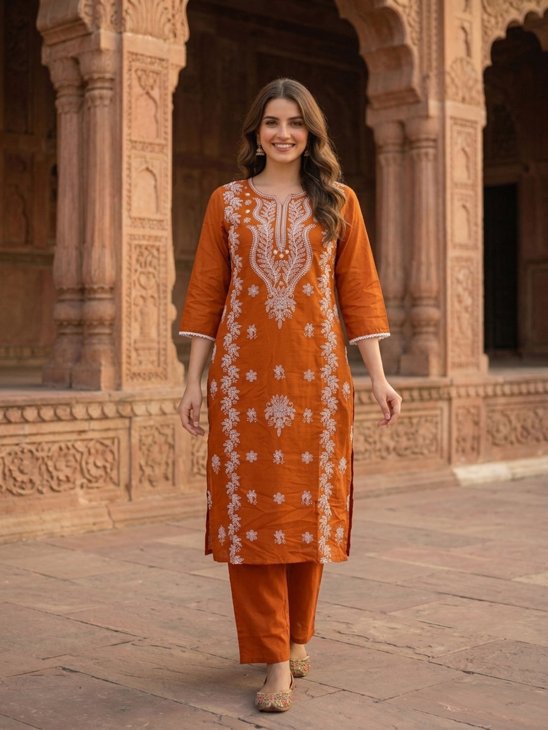 Orange Solid Cotton Straight Kurta Set with Chikankari Embroidery, Palazzo & Solid Taping Dupatta