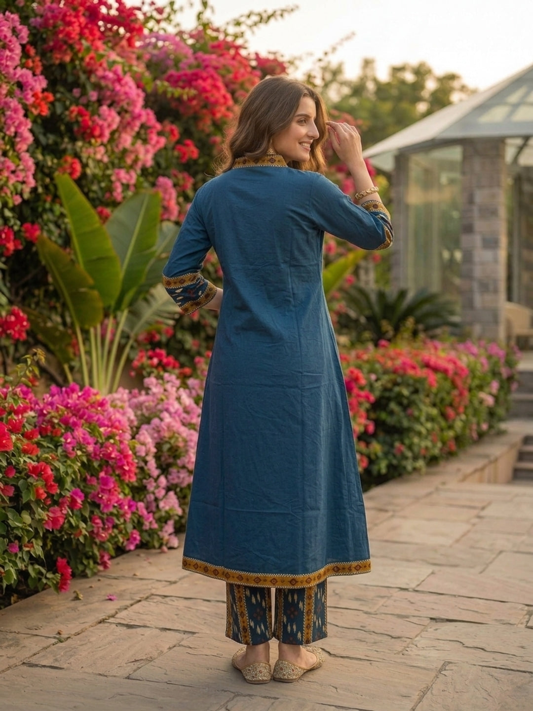 Blue Ikat Printed Cotton A-Line Kurta Set with Sequin Highlights, Palazzo & Printed Cotton Dupatta