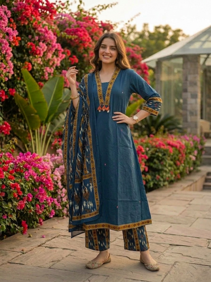 Blue Ikat Printed Cotton A-Line Kurta Set with Sequin Highlights, Palazzo & Printed Cotton Dupatta