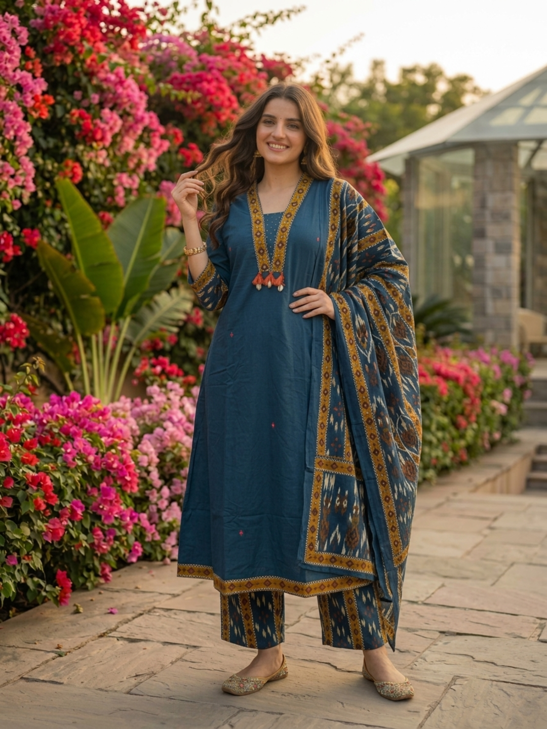 Blue Ikat Printed Cotton A-Line Kurta Set with Sequin Highlights, Palazzo & Printed Cotton Dupatta