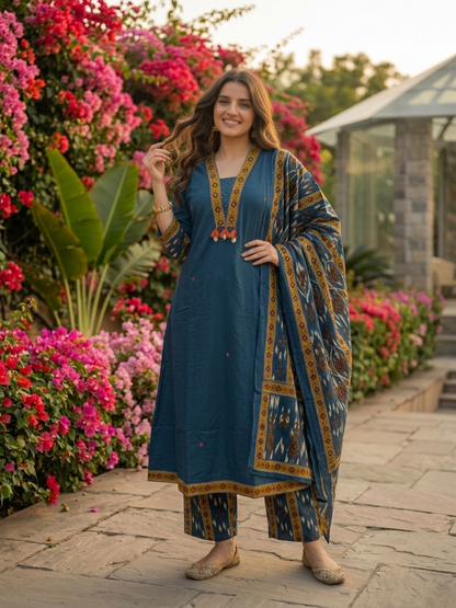 Blue Ikat Printed Cotton A-Line Kurta Set with Sequin Highlights, Palazzo & Printed Cotton Dupatta