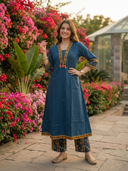 Blue Ikat Printed Cotton A-Line Kurta Set with Sequin Highlights, Palazzo & Printed Cotton Dupatta