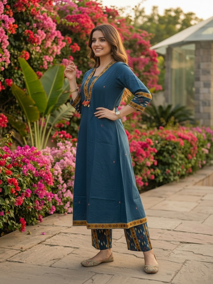 Blue Ikat Printed Cotton A-Line Kurta Set with Sequin Highlights, Palazzo & Printed Cotton Dupatta